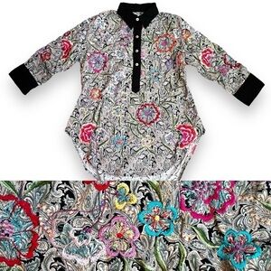 PONG Poco Ltd  Popover Blouse Black Paisley Floral Embroidery Boho Size XS